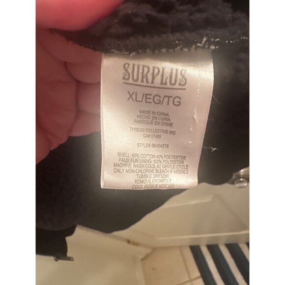 Surplus Mens XL Hooded Jacket Cotton/Polyester Blend Black/Grey Sherpa Lined Ful - Picture 4 of 6